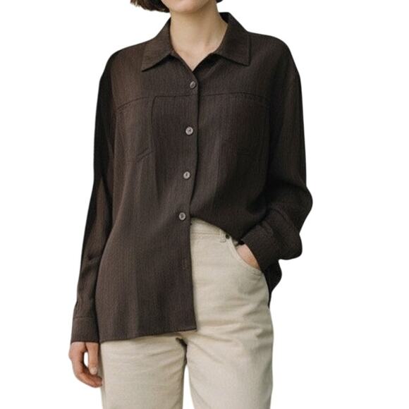 Chico's Tops - Chicos Shirt Jacket Women L Chocolate Brown Button Pockets Modern Travel Shacket